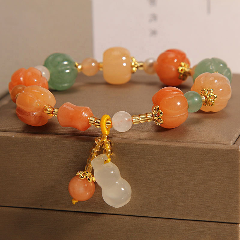 

1pc Chinese Style Classic Golden Silk Jade Pumpkin Beads Beaded Bracelet, Unisex Summer Gourd Pendant Hand Jewelry