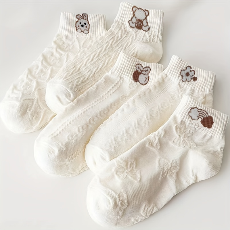 

5 Pairs Of Girls Cute Animal Pattern Knitted Ankle Socks, Breathable Sweat Absorption Comfortable Soft Casual , Suitable For All , Suitable For Outdoor Wear