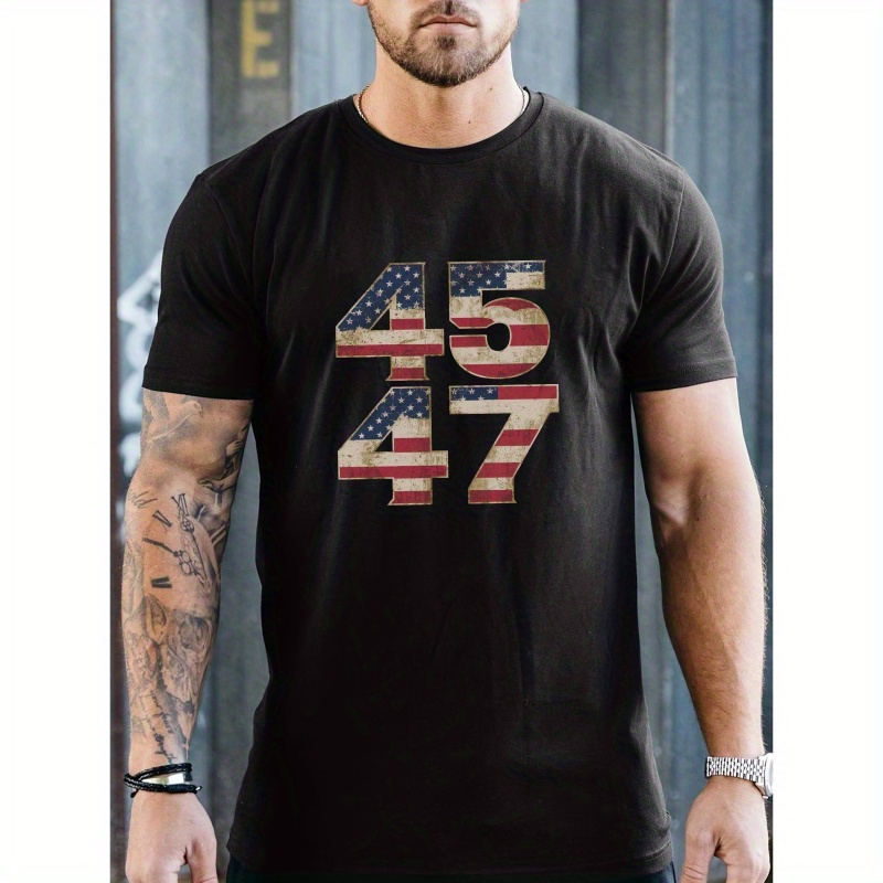 

Patriotic Usa 45 & 47 Graphic Tee For Men - Casual Short-sleeve T-shirt, Breathable Polyester, Summer