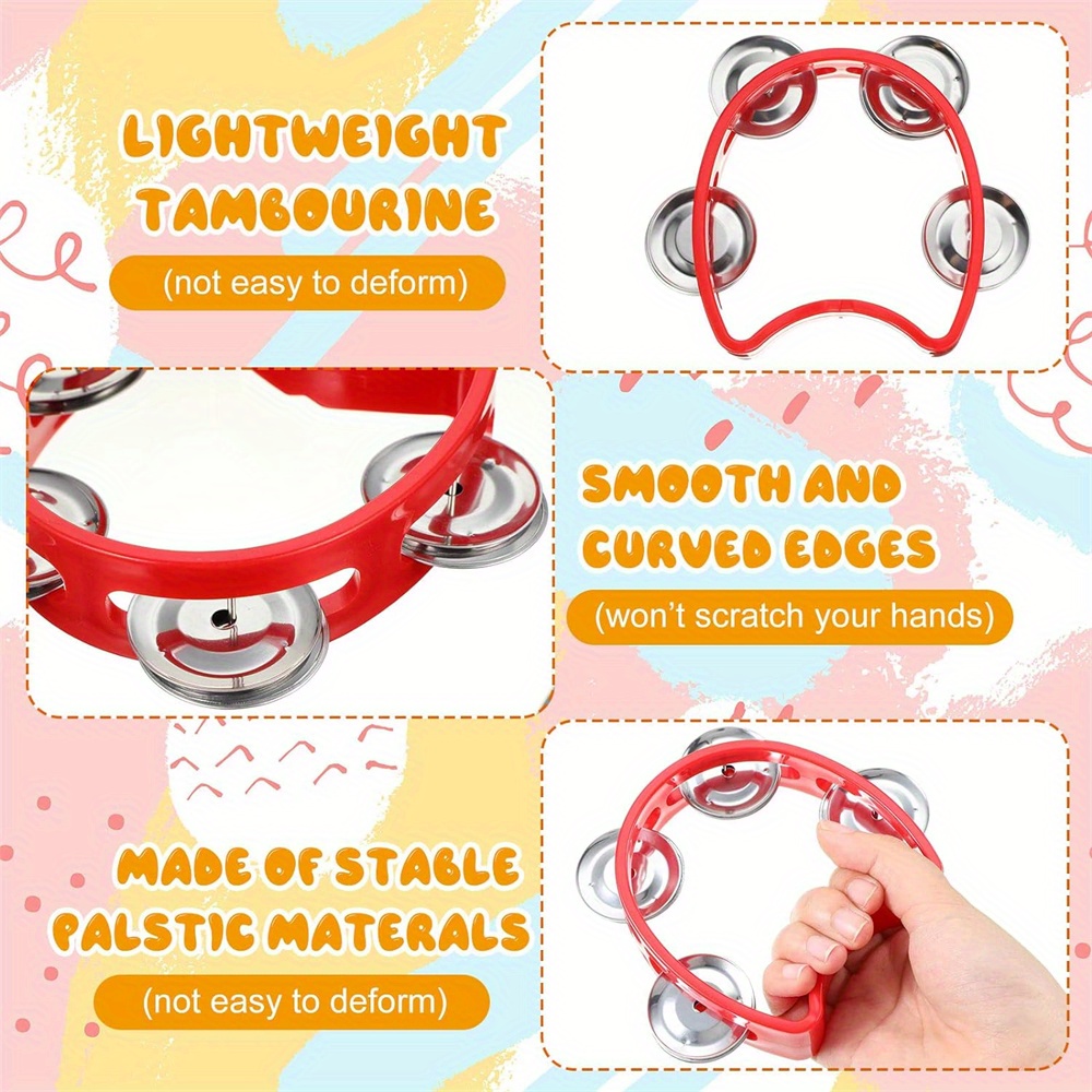 Colorful Handheld Tambourine with 4 Bells - Durable Plastic Percussion Instrument for Youngsters & Adults, Ideal for Parties, Concerts & Rhythm Enthusiasts, Tambourine for Adults