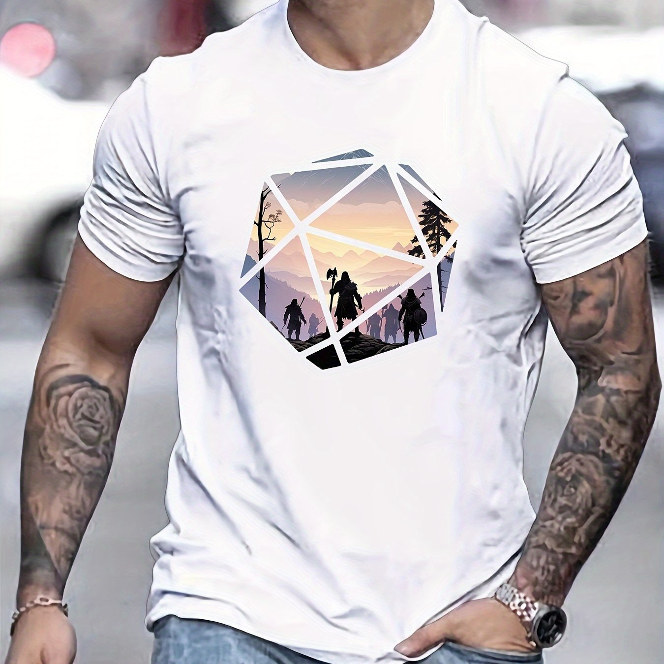 

1 Pc, 100% Cotton T-shirt, Viking People On A Dice Printed T-shirt, Men's T-shirt, Summer Casual Short Sleeve T-shirt