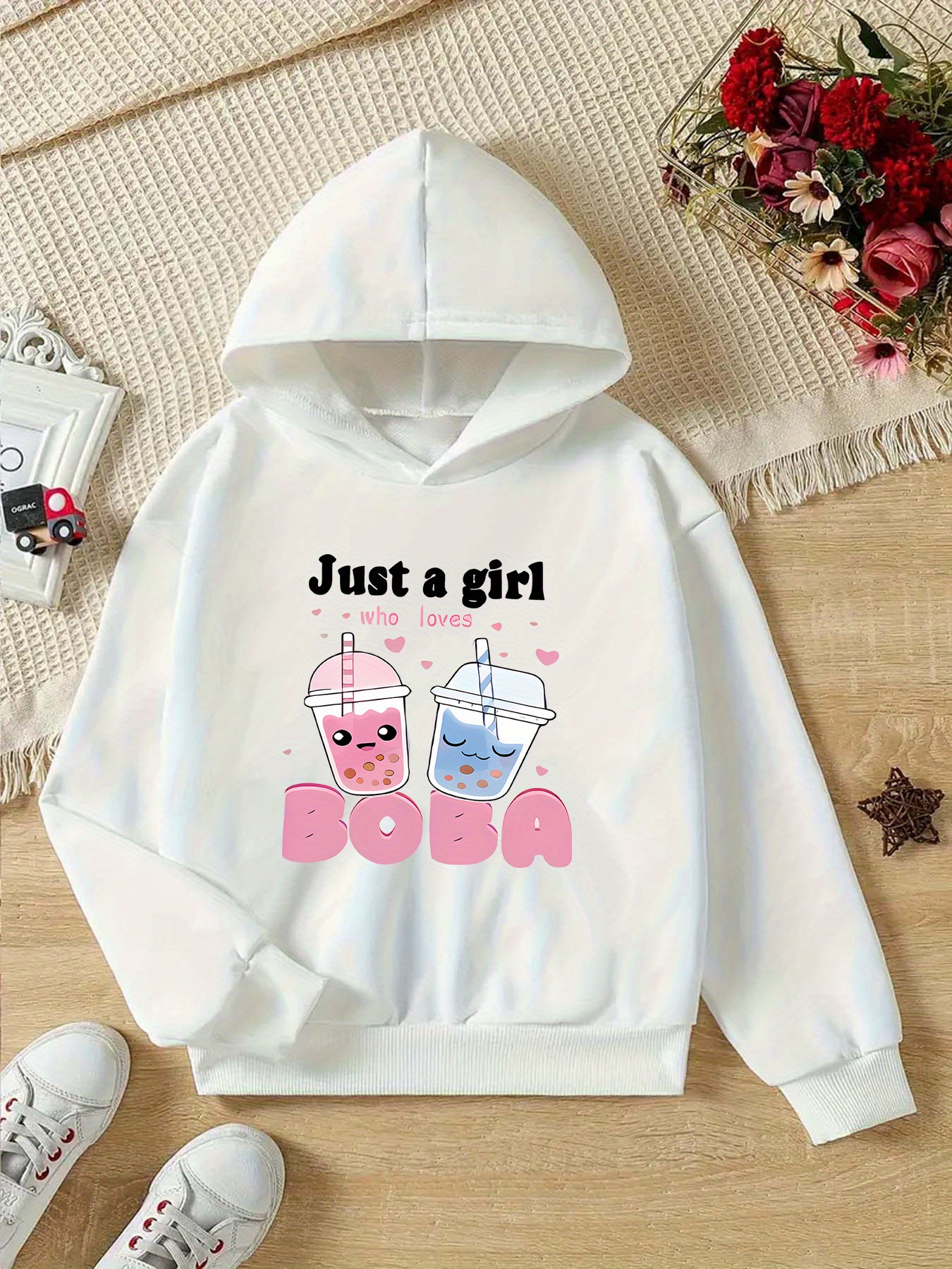 girls' white hooded sweatshirt cute beverage a Temu Oman