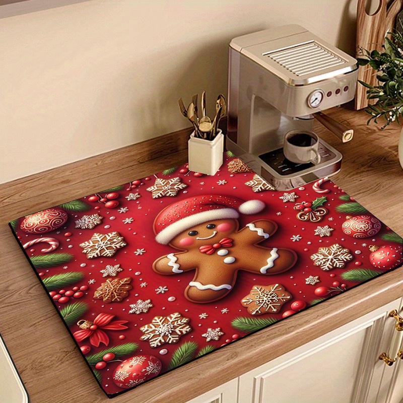 

Festive Christmas Gingerbread Mat: Durable Polyester Kitchen Placemat For Drying Dishes, Coffee Machine, And More