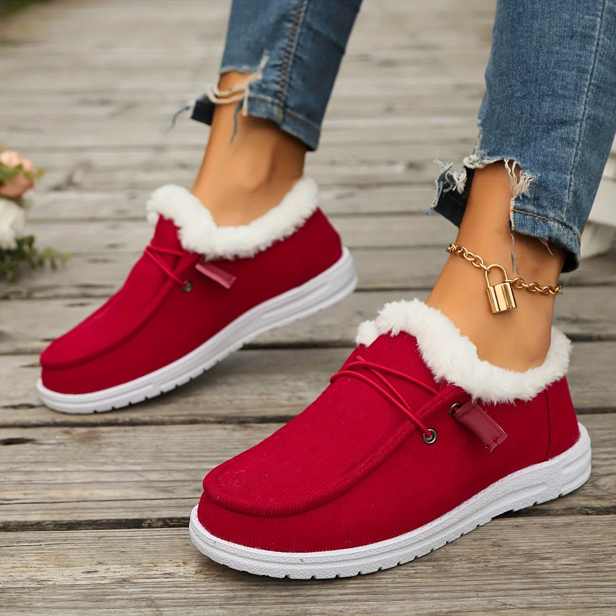 

Red Winter Slip-on Sneakers With Fluffy - Pu Soles, Fabric Insoles, And Casual Design