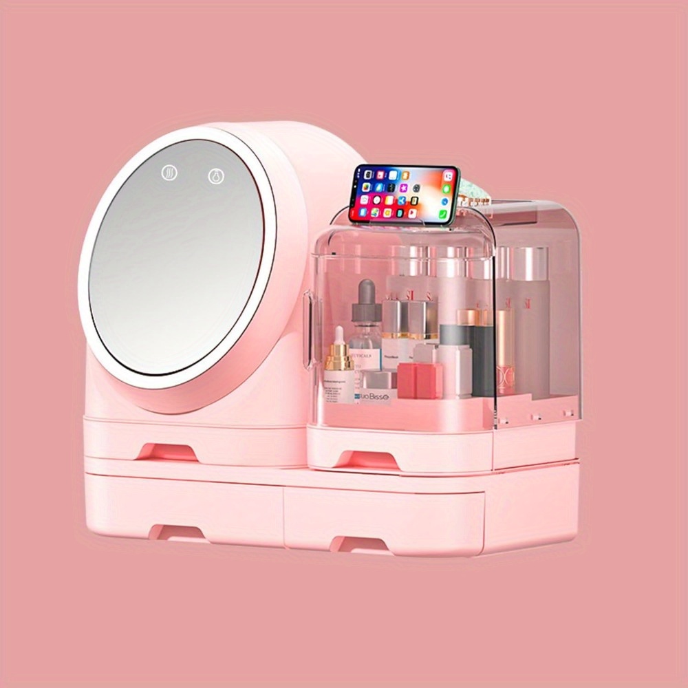 1pc Pink LED Makeup Organizer with Rotating Mirror, USB Charging Cosmetic Storage Display Case with Phone Holder, Adjustable Skincare Vanity Dresser, Freestanding Plastic Organizer with Built-in Lithium Battery