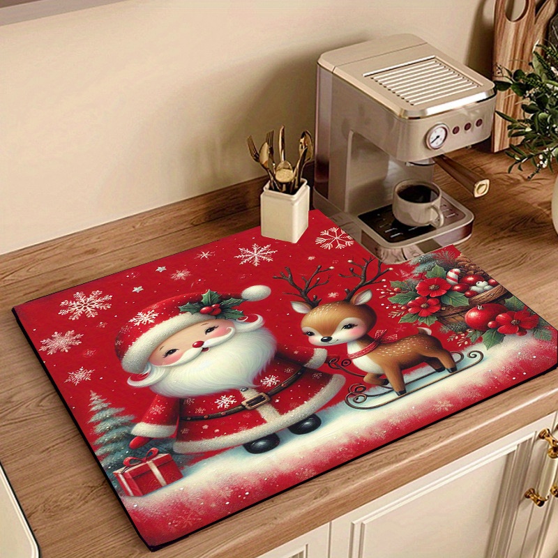 

Christmas Themed Dish Drying Mat 1pc - Santa & Reindeer Polyester Absorbent Kitchen Countertop Protector, Coffee Machine Heat-resistant Pad, Home Appliance Dust Cover