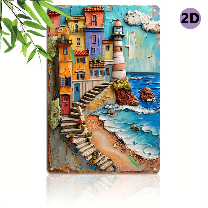 

Mediterranean Town Metal Wall Art - Weather-resistant Aluminum Coastal Village Decorative Sign, Pre-drilled - Home & Office Decor 1pc 8x12 Inch