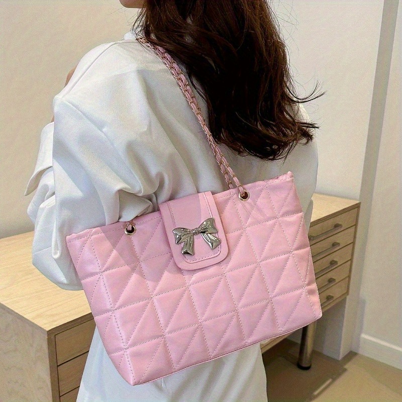 TEMU Quilted Tote Bag Bowknot - Shoulder Bag, Large , Fashionable Strap, For Her - Available In /