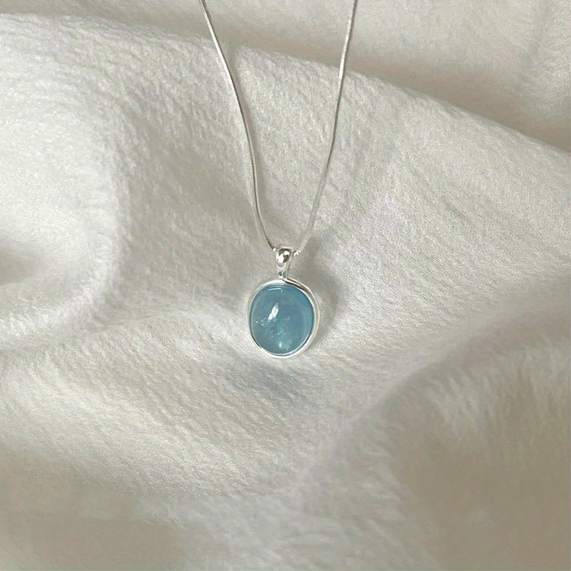 

925 Silver Natural Aquamarine Necklace Women's Premium Sense Ins Style Versatile Oval Pendant Clavicle Chain Ring Set