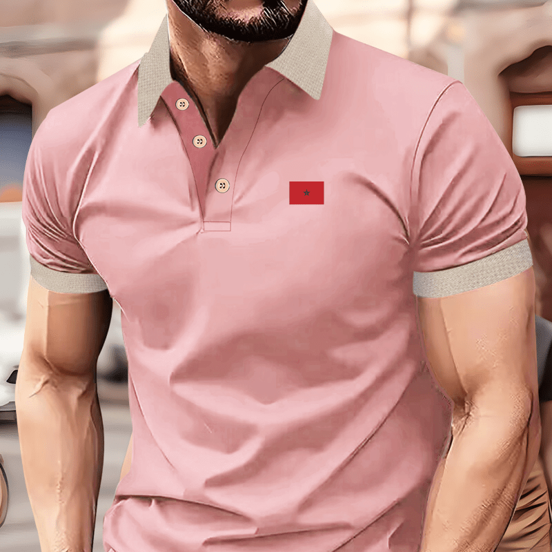 

Polo pour homme inspiré du drapeau marocain - Coupe régulière Polo en polyester tricoté décontracté d'été avec col à revers, tissu légèrement extensible, motif géométrique et détails boutonnés