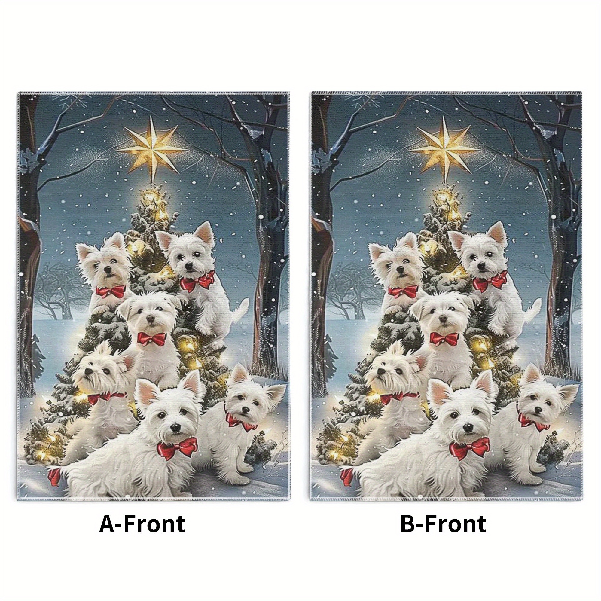 

Festive Christmas Kitchen Towel - West Highland Puppies With Red Bow Ties Decorate A Snowy Christmas Tree