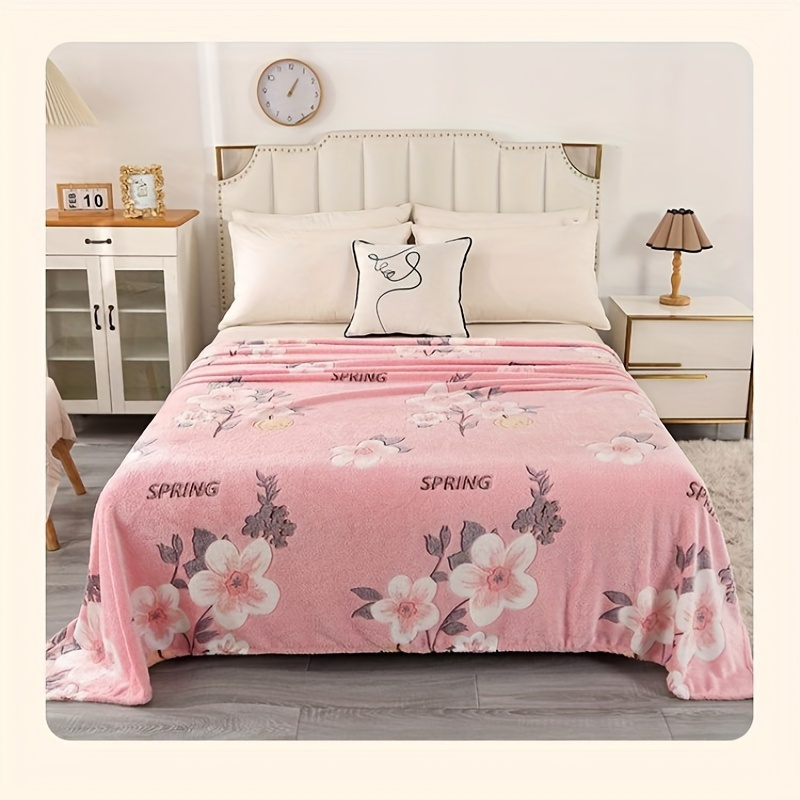 1pc cozy pink floral print flannel blanket soft comfortable   multi functional   office camping   decoration nap shawl sofa holiday gift details 1