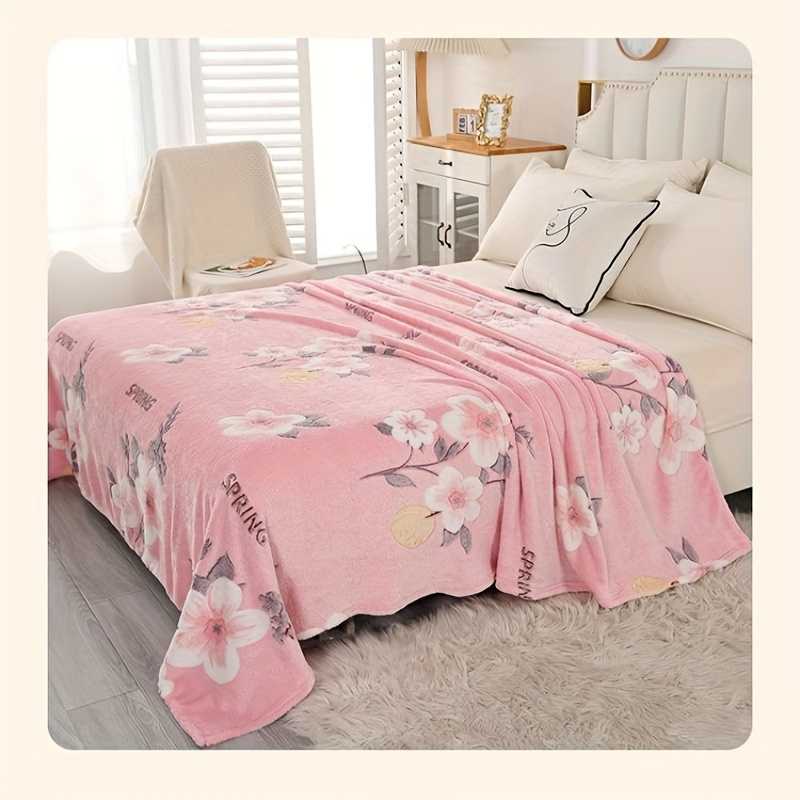 1pc cozy pink floral print flannel blanket soft comfortable   multi functional   office camping   decoration nap shawl sofa holiday gift details 4