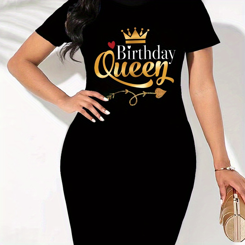 

Women's Casual Crew Neck Short Sleeve Bodycon Dress - Birthday Queen Graphic, Knit Polyester & Elastane , Summer Fashion