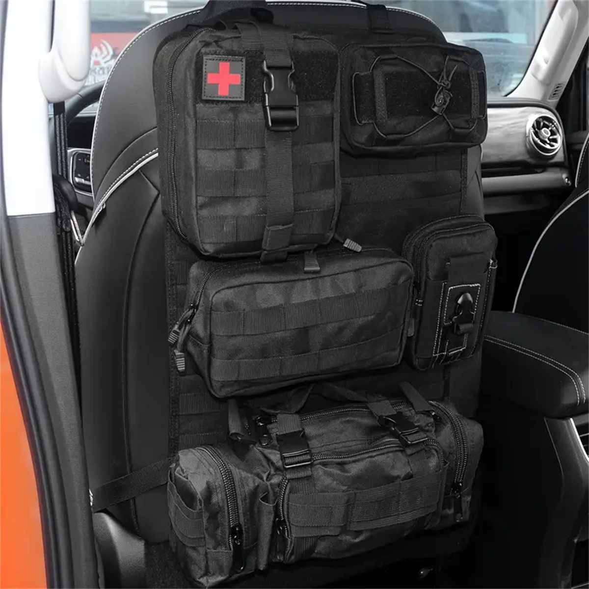 

Heavy-duty Black Nylon Tactical Car Seat Organizer With 5 Pockets & Molle System - Front/back Storage Bag For Jeep, Truck, Suv - Non-waterproof Fabric Basket Protector, Car Storage