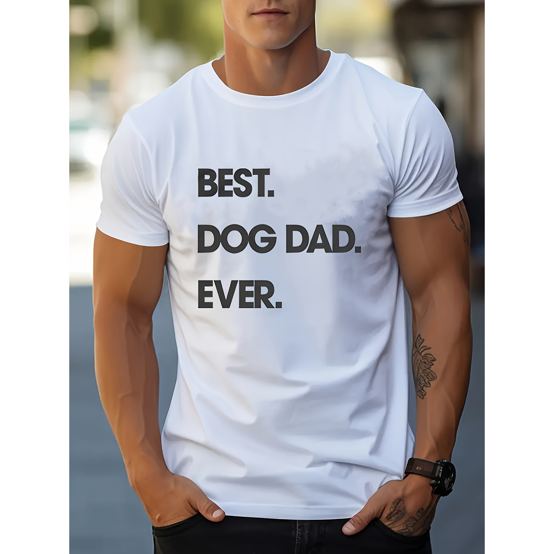 

Best Dog Dad Ever" Men's Casual Crew Neck T-shirt - Breathable Polyester, Geometric Print, Machine Washable - Perfect For Summer