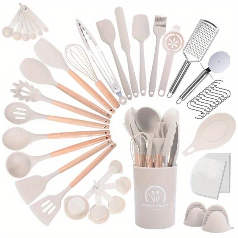   43pcs silicone kitchen utensil set non stick heat resistant cooking tools with stainless steel handles organizer holder details 0