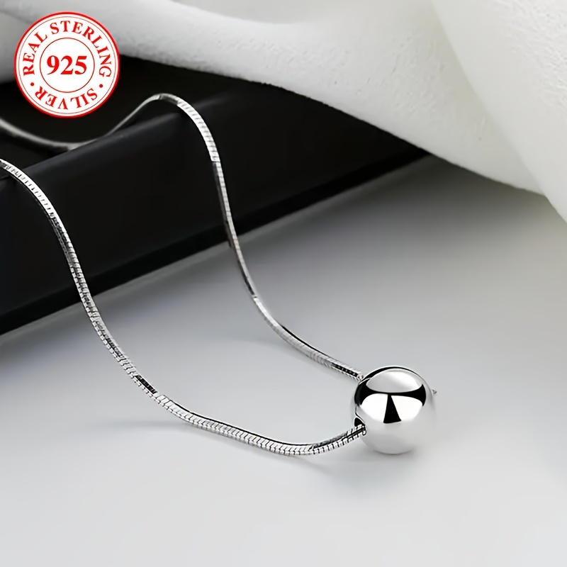 

S925 Sterling Silver Necklace, Vintage Bohemian Style, Simple Small Round Ball Pendant, Snake Bone Chain, Elegant Anniversary Gift For Wife, 4.3g/ 0.15oz