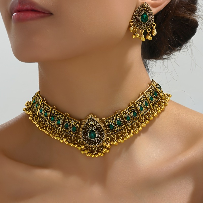 

1 Pair Elegant Bollywood-style Earrings & 1 Necklace Set - Vintage Charm With Inlaid Gemstones For Daily Wear & Parties