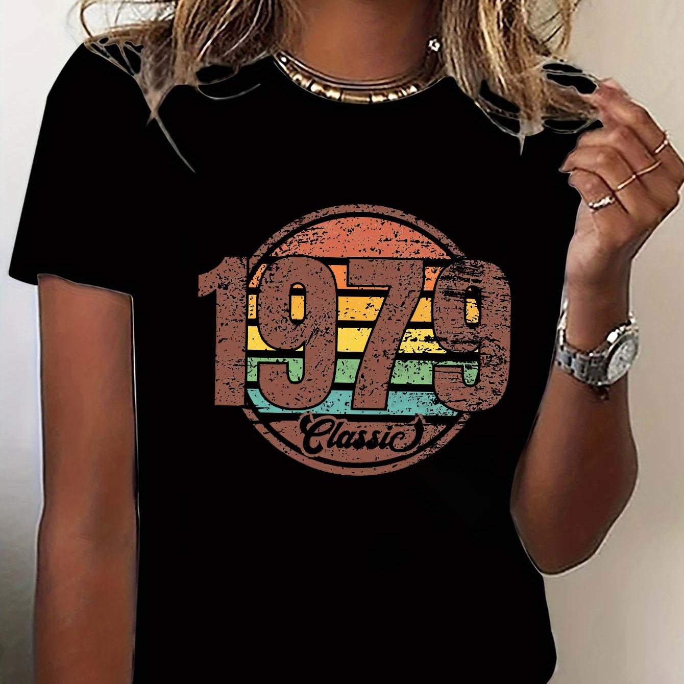 

Vintage 1979 Graphic Print T-shirt Short Sleeve Crew Neck Casual Top For Summer & Spring, Women's Clothing