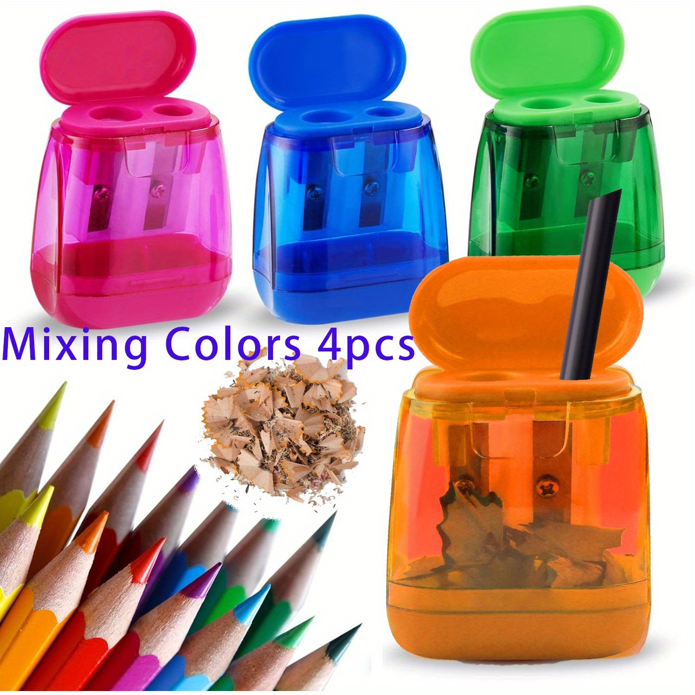 4pcs Compact Dual-hole Manual Pencil Sharpeners With Lids - Colorful, Handheld Design For Students & Office Use