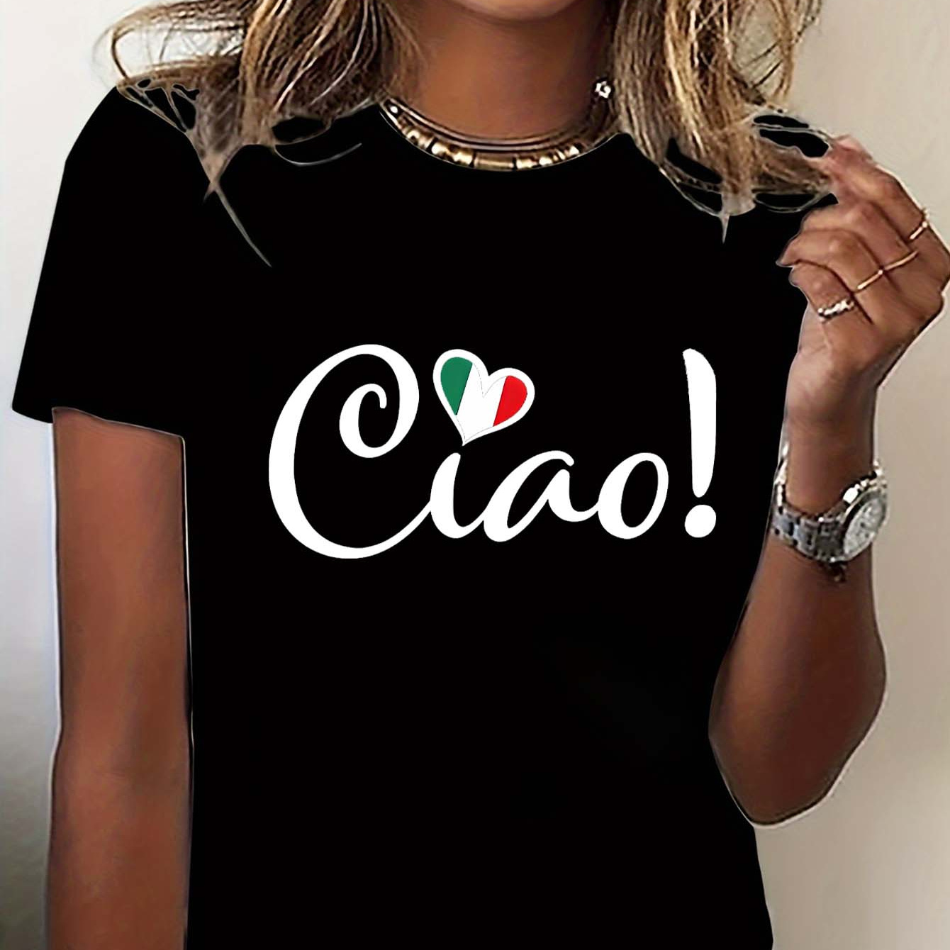 

Italian Ciao Graphic Print T-shirt Short Sleeve Crew Neck Casual Top For Summer & Spring, Women's Clothing