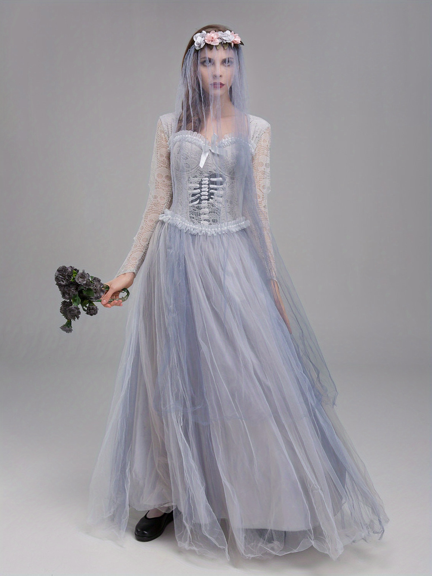 women's gothic victorian costume dress & veil set - lace-like corset with  floral headband, full-length wedding dress outfit for halloween, tim  -inspired cosplay (machine washable) - women's clothing - Temu