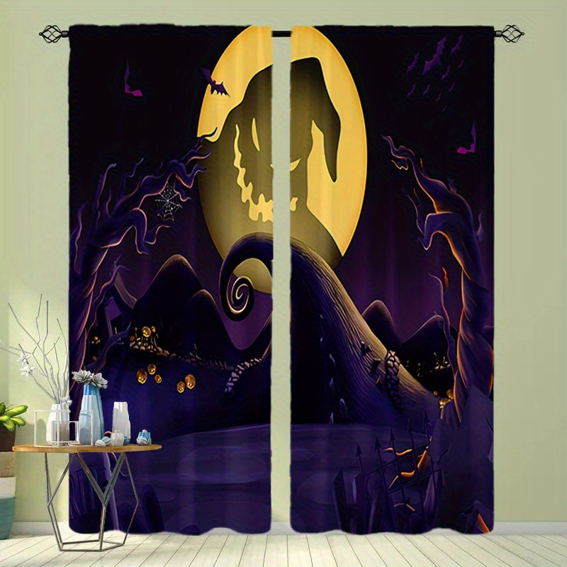 

2pcs Curtain Set - Spooky Trees & Design, Rod Pocket, Waterproof Polyester, Perfect For Living Room & Home Decor