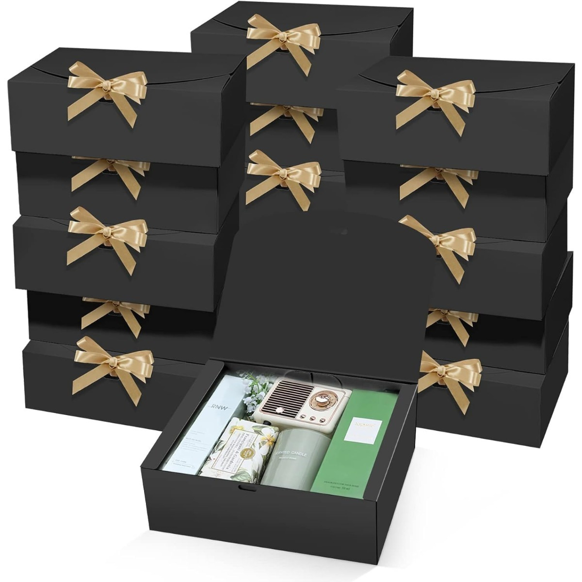 

Kraft Paper Gift Boxes With Lids - 5 Pack Black Bridesmaid Proposal Box With Golden Ribbons For Wedding, Birthday, Christmas Present Packaging