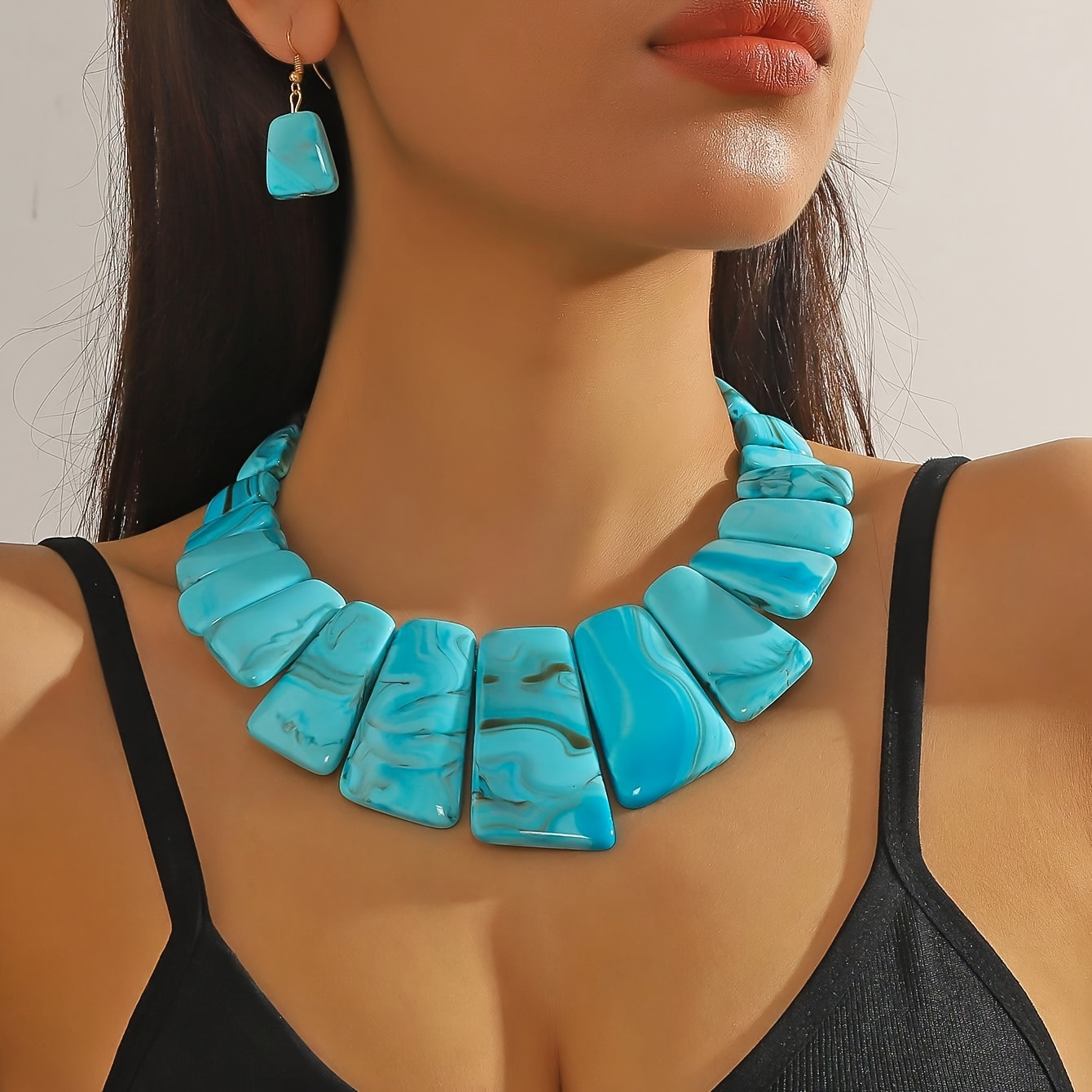 

Vintage-inspired Turquoise Necklace And Earrings Set - April Birthstone, Synthetic Stone, Acrylic Material, Suitable For Gifts And Parties