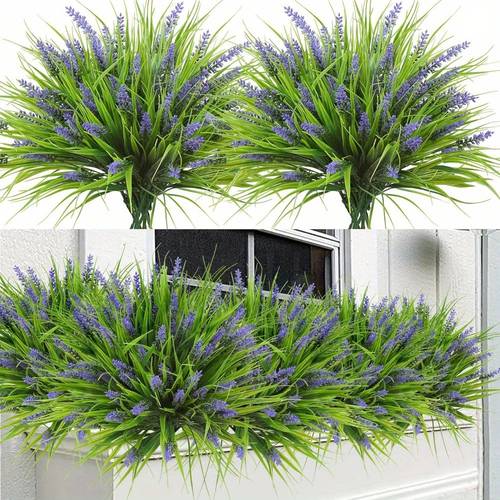 12 bundles artificial plants outdoor lavender flowers monkey grass uv resistant plastic greenery plants for garden home porch window patio hanging planter indoor decor