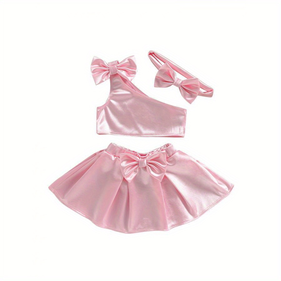 

Infant Baby Girls Outfits Solid Color Off Shoulder Crop Tops + Bowknot A-line Skirt And Hairband 3 Set Toddler Summer Clothes