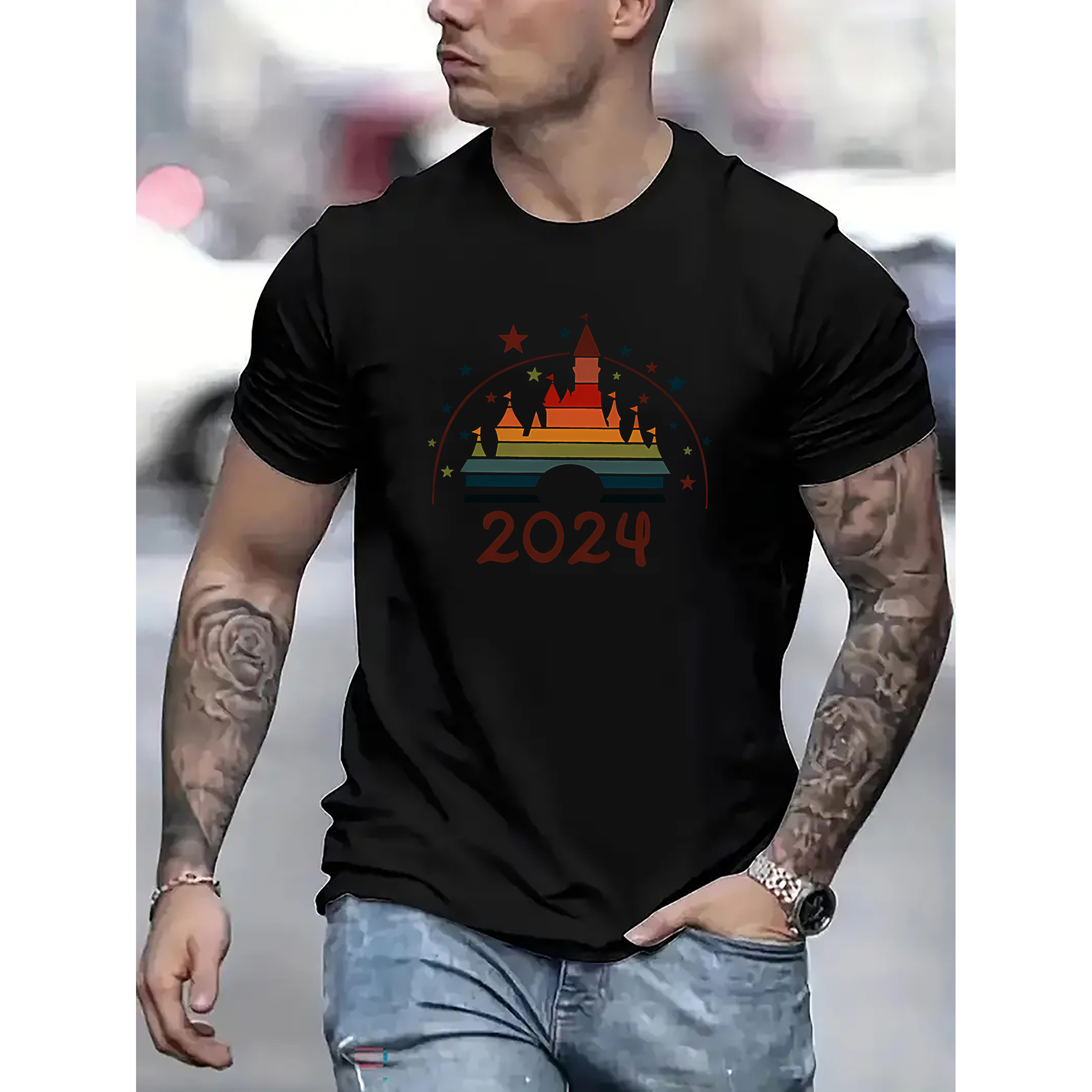 

2024 Castle Print, Men's Round Neck Short Sleeve T-shirt, Casual T-shirt, Casual And Comfortable Summer Light Top