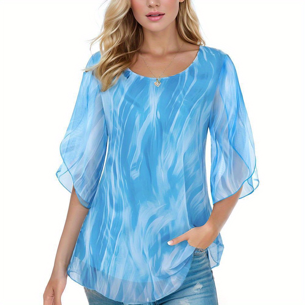 

Tooluck Women's Ruffle 3/4 Sleeve Mesh Blouses Loose Tops Shirts