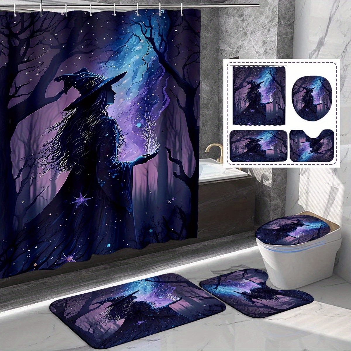 

Spooky Witch Bath Set: 71x71in/180x180cm, Includes Shower Curtain, Bath Mats, And Toilet Seat Cover With A Terrifying Forest Theme