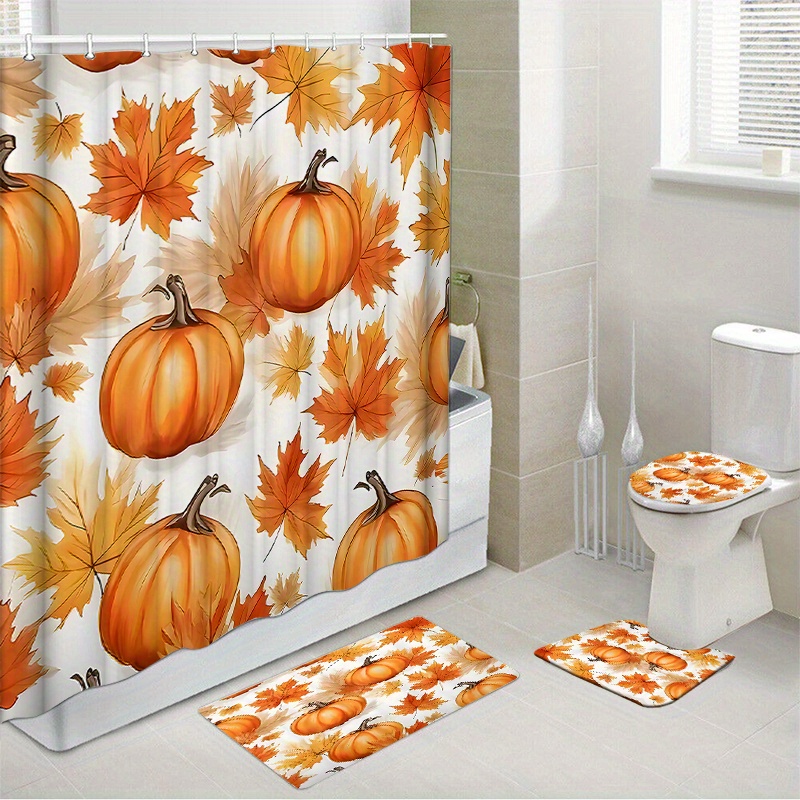 

Autumn Pumpkin Shower Curtain Set With Non-slip Rugs, Toilet Lid Cover, And Bath Mat - Water-resistant Woven Polyester Fabric Bathroom Decor With 12 Hooks - Dry Clean Only