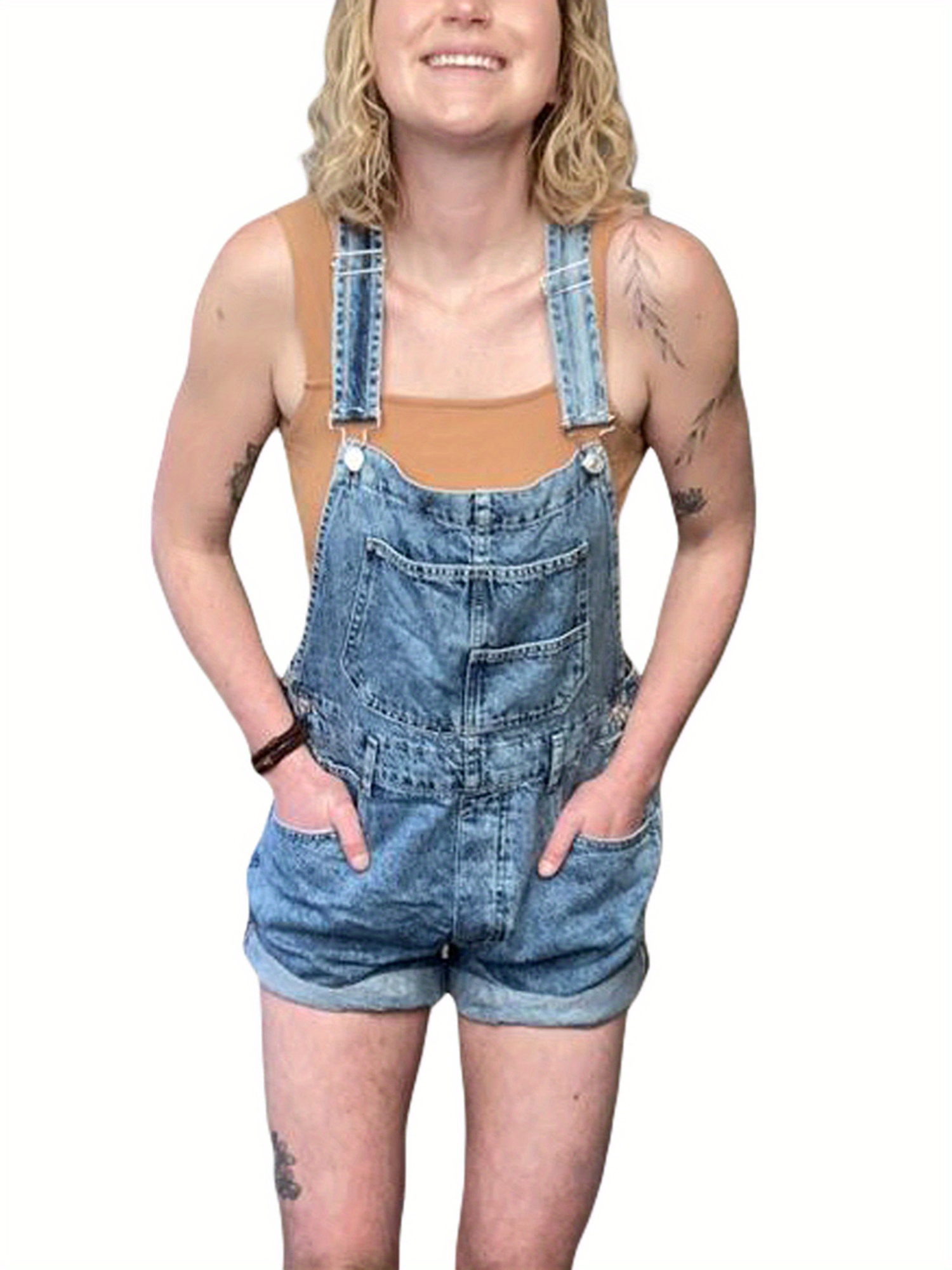 women's adjustable strap denim bib overalls romper shorts Temu
