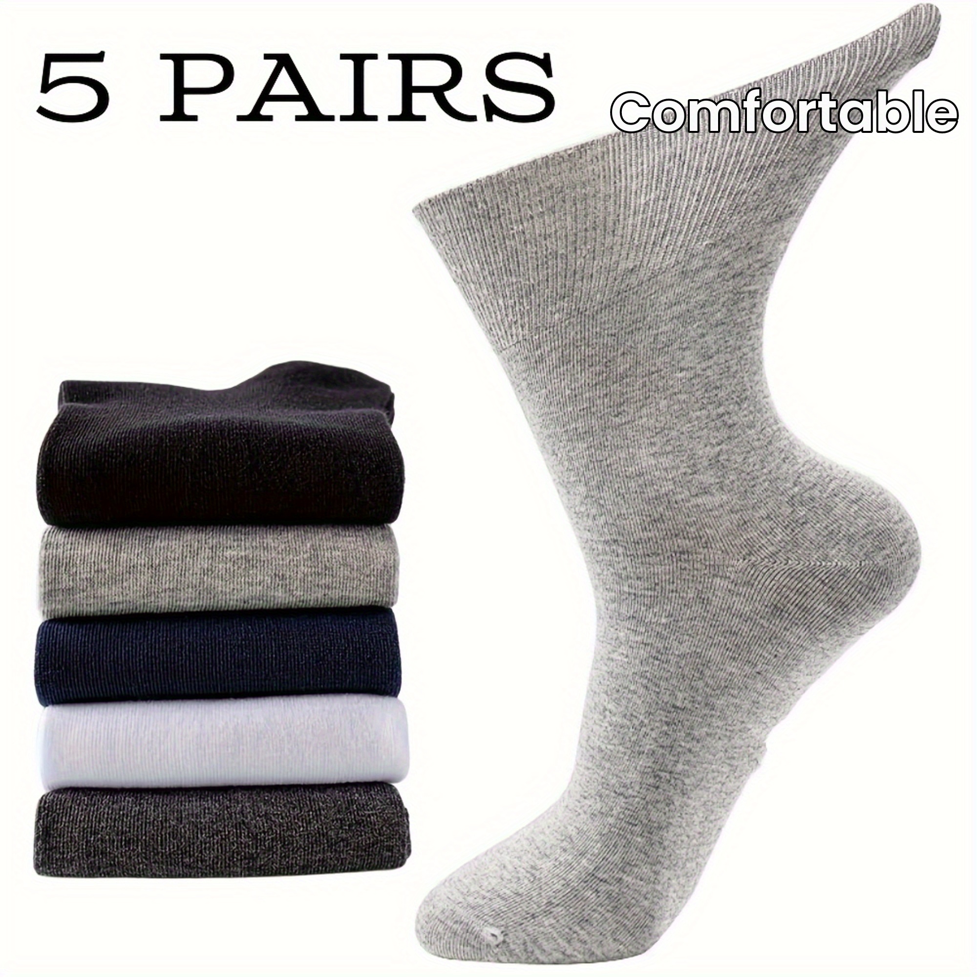 

5pcs Diabetic Socks - Comfortable, Breathable Polyester & Spandex , Solid Color, Seniors