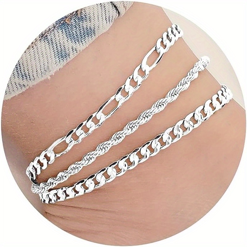 

3pcs Sterling Silvery Anklet Set For Women - Waterproof, Sturdy Lobster Clasp With Cuban Link, & Rope Designs - Beach & Casual Attire