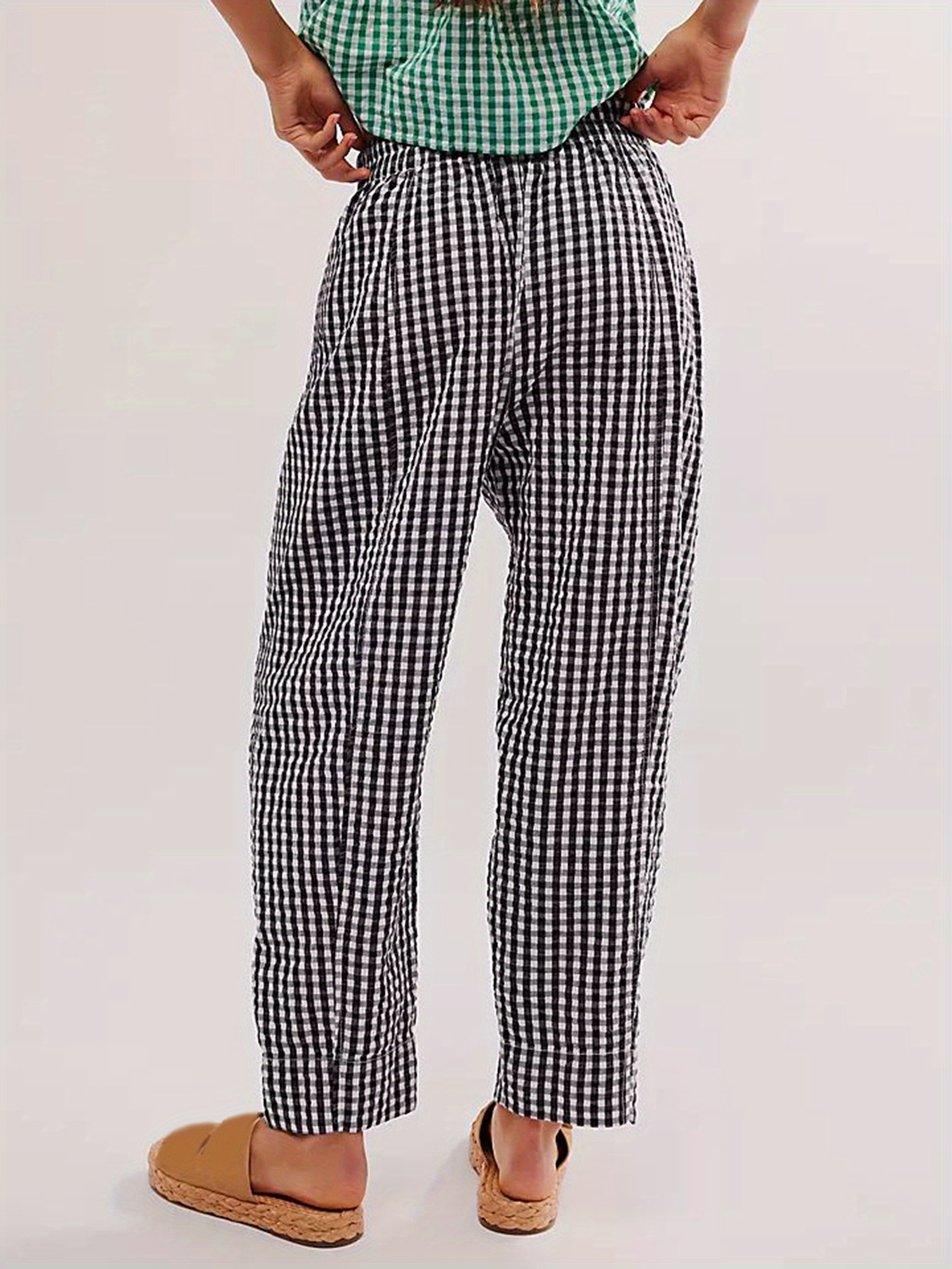 Women Pant Gingham Lounge Pants Wide Leg Elastic Waist Checkered Long  Trousers with Pockets