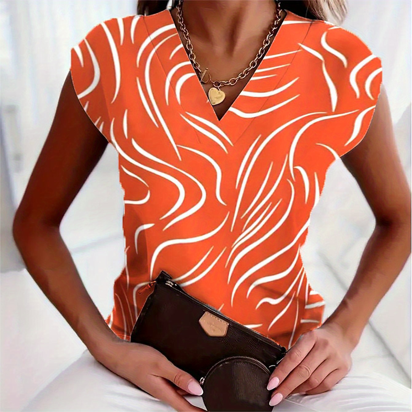 

Abstract Print V-neck Blouse, Casual Cap Sleeve Blouse For Spring & Summer, Women's Clothing