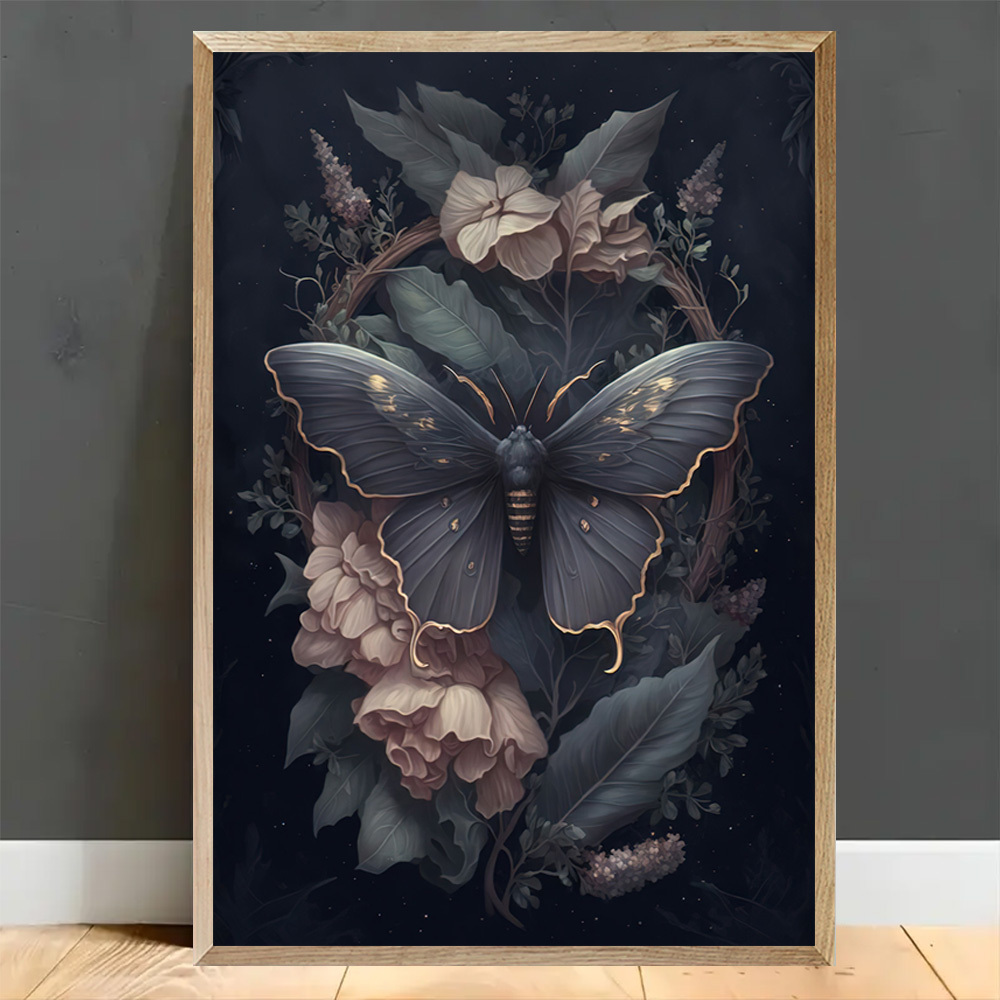 

Gothic Moth And Floral Wall Art - Dark Aesthetic Print - Abstract Butterfly Poster For Home, Office, And Bedroom Decor - Elegant Artwork For Indoor And Outdoor