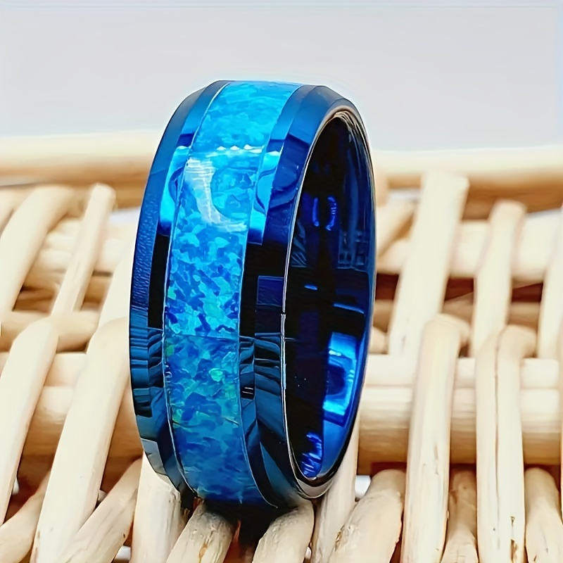 

Stunning Blue & Red Opal Inlay 8mm Stainless Steel Ring - Perfect Men's Proposal Or Gift For Christmas & Valentine's Day