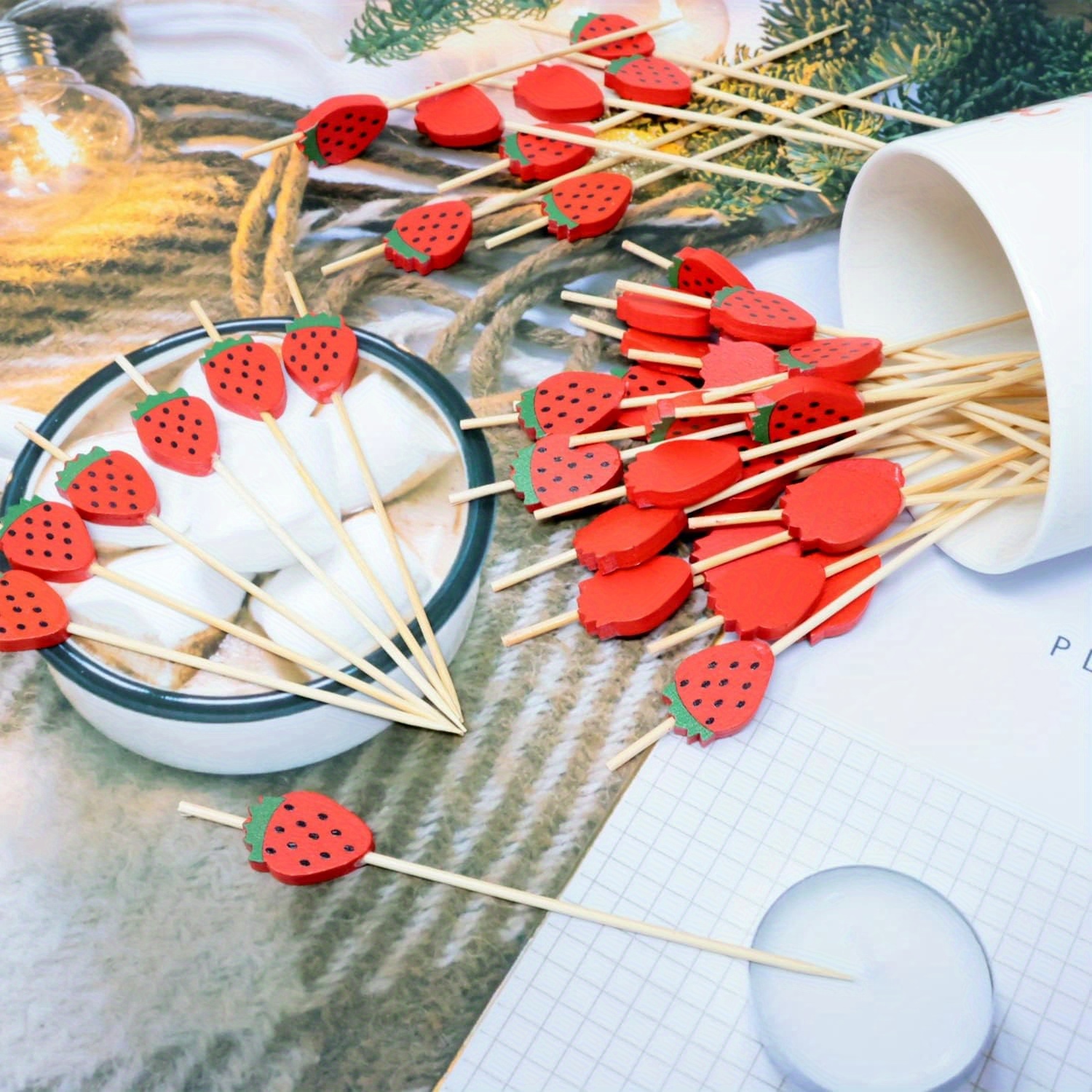 Image of 50pcs Strawberry Bamboo Toothpicks - Fruit Cocktail Sticks For Appetizers, Drinks, Sandwich Skewers, Party Decorations