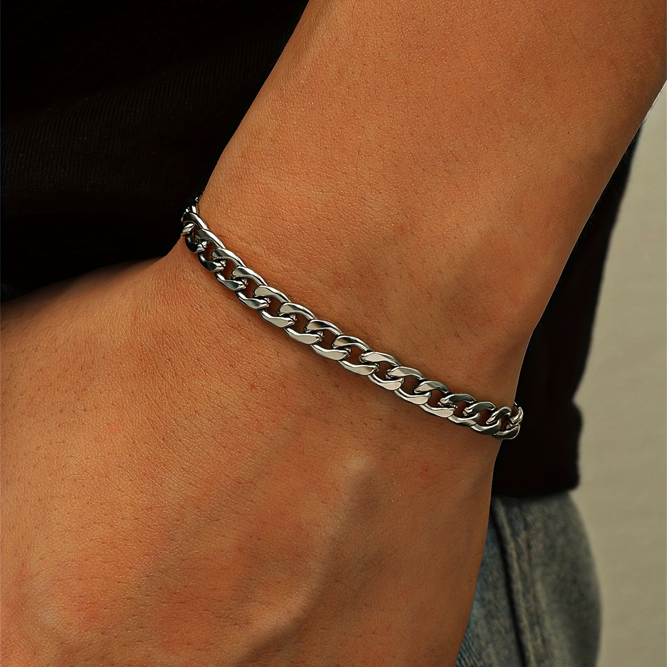 

1pc Mens Sleek Stainless Steel Chain Bracelet - Minimalist & Hip Hop Style - Durable Jewelry With Fashion-forward Unisex Appeal