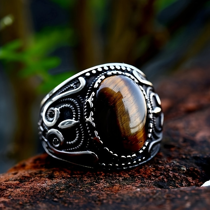 

1pc Men's Retro Punk Owl Totem Ring With Synthetic Tiger Eye And Zircon Stone - Alloy, Unplated