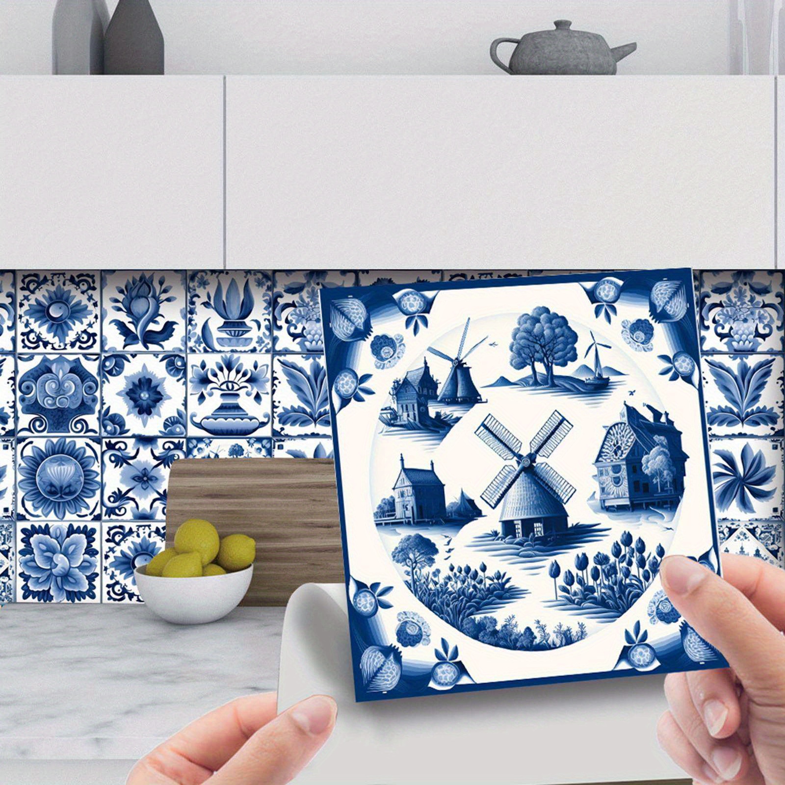 44-Pack Blue Pottery Peel & Stick Tile Stickers - 8x8 Inch Backsplash & Wall Decals