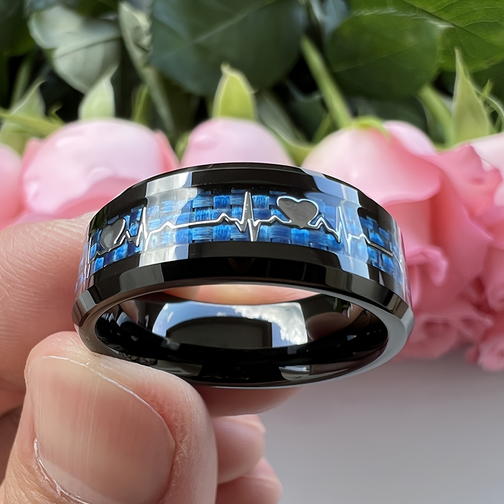 

Stylish 8mm Stainless Steel Ring With Heartbeat Design And Black Carbon Fiber - A Neutral Commitment Ring Suitable For Weddings And Parties