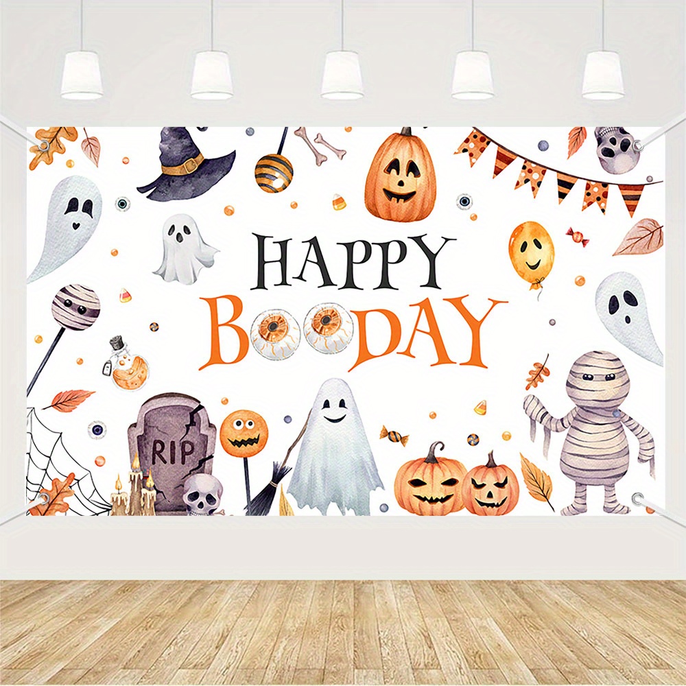 

Celebration Banner - 70.87x43.3" Orange Pumpkin & Charming Design, Polyester Photography Backdrop For Youngsters's Party Decorations, Spider Web & Wrapped Figure Theme.