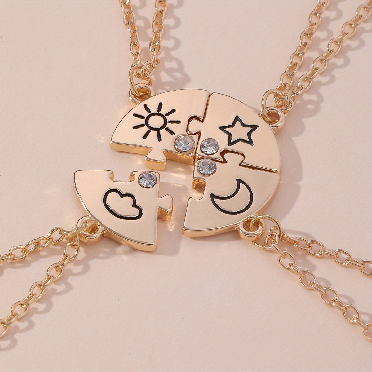 

Set Of 4 Trendy European And American Style Necklaces With Stars, Moons, Suns, And Clouds, Perfect For Best Friends To Wear Together As A Symbol Of Friendship On Sweaters.